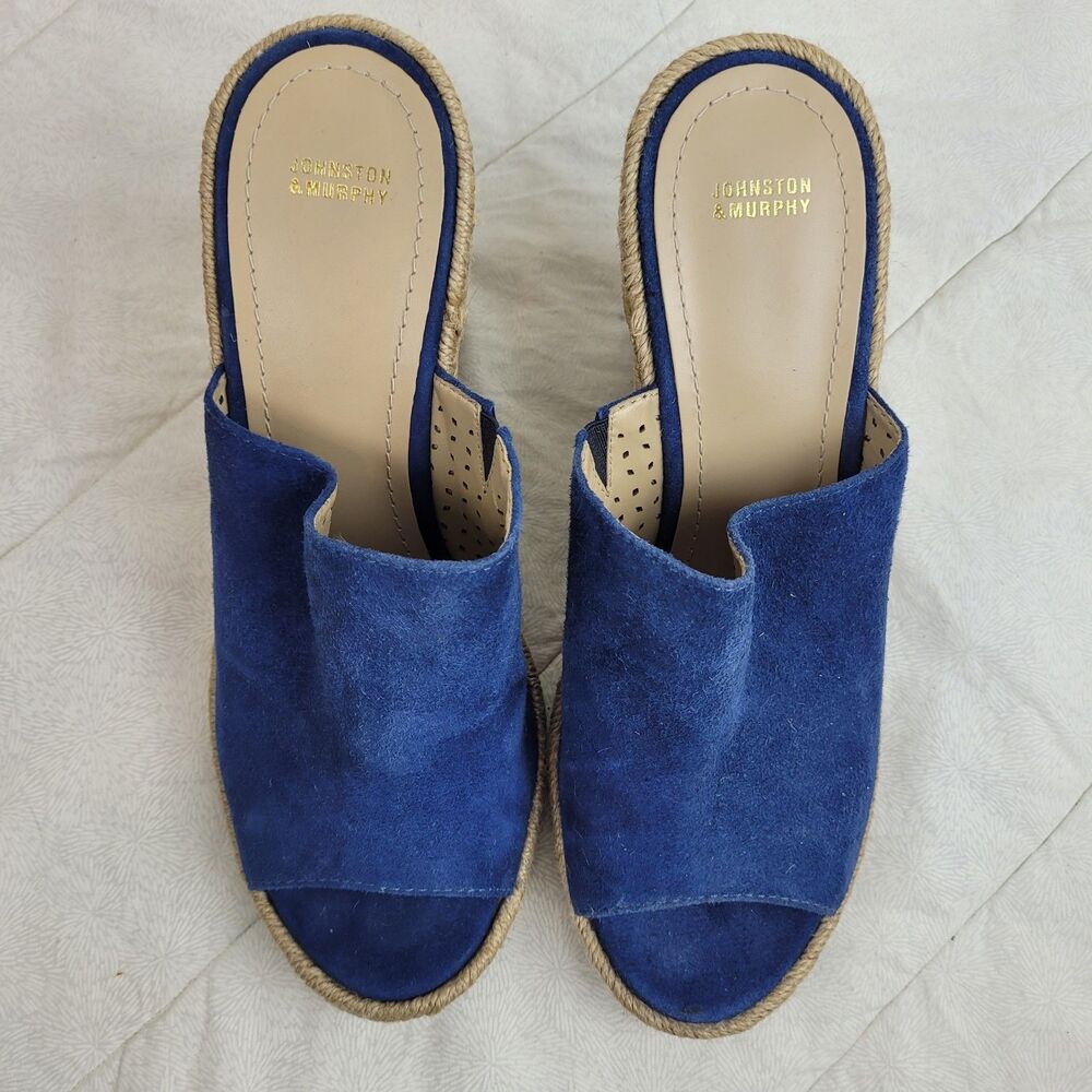 JOHNSTON & MURPHY BLUE SUEDE ESPARTO ROPE HIGH HEEL OPEN TOE WEDGE MULE 10M - Picture 4 of 13